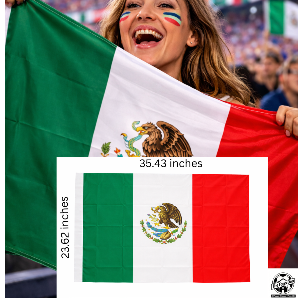 Mexico Fan Kit, 6-in-1 Celebration Prop Set with Flag Sunglasses, Hand Clapper, Scarf, Bracelet, Whistle and Face Paint