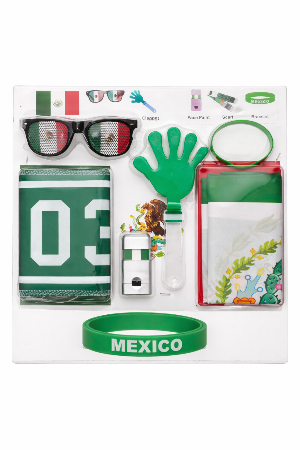 Mexico Fan Kit, 6-in-1 Celebration Prop Set with Flag Sunglasses, Hand Clapper, Scarf, Bracelet, Whistle and Face Paint
