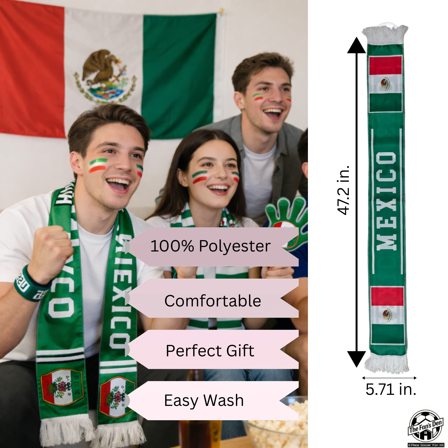 Mexico Fan Kit, 6-in-1 Celebration Prop Set with Flag Sunglasses, Hand Clapper, Scarf, Bracelet, Whistle and Face Paint