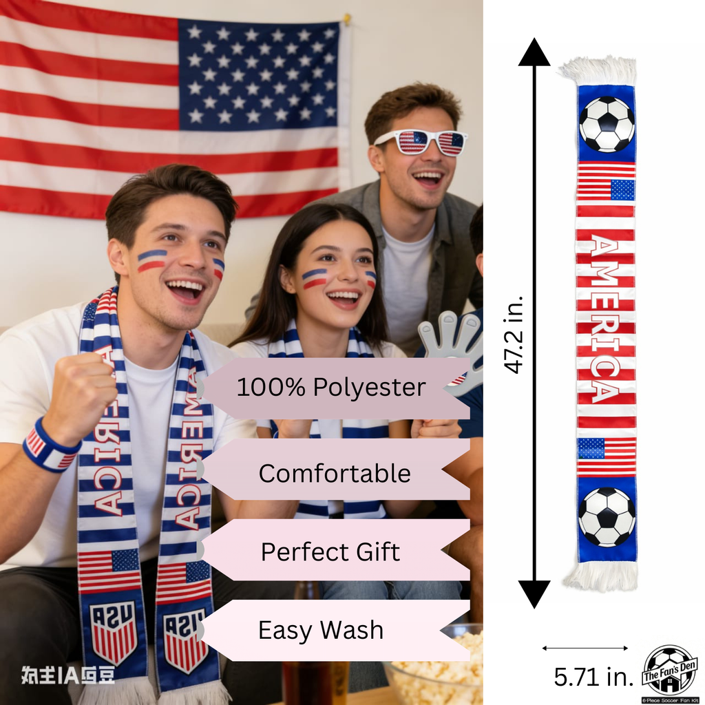 USA Fan Kit, 6-in-1 Celebration Prop Set with Flag Sunglasses, Hand Clapper, Scarf, Bracelet, Whistle and Face Paint